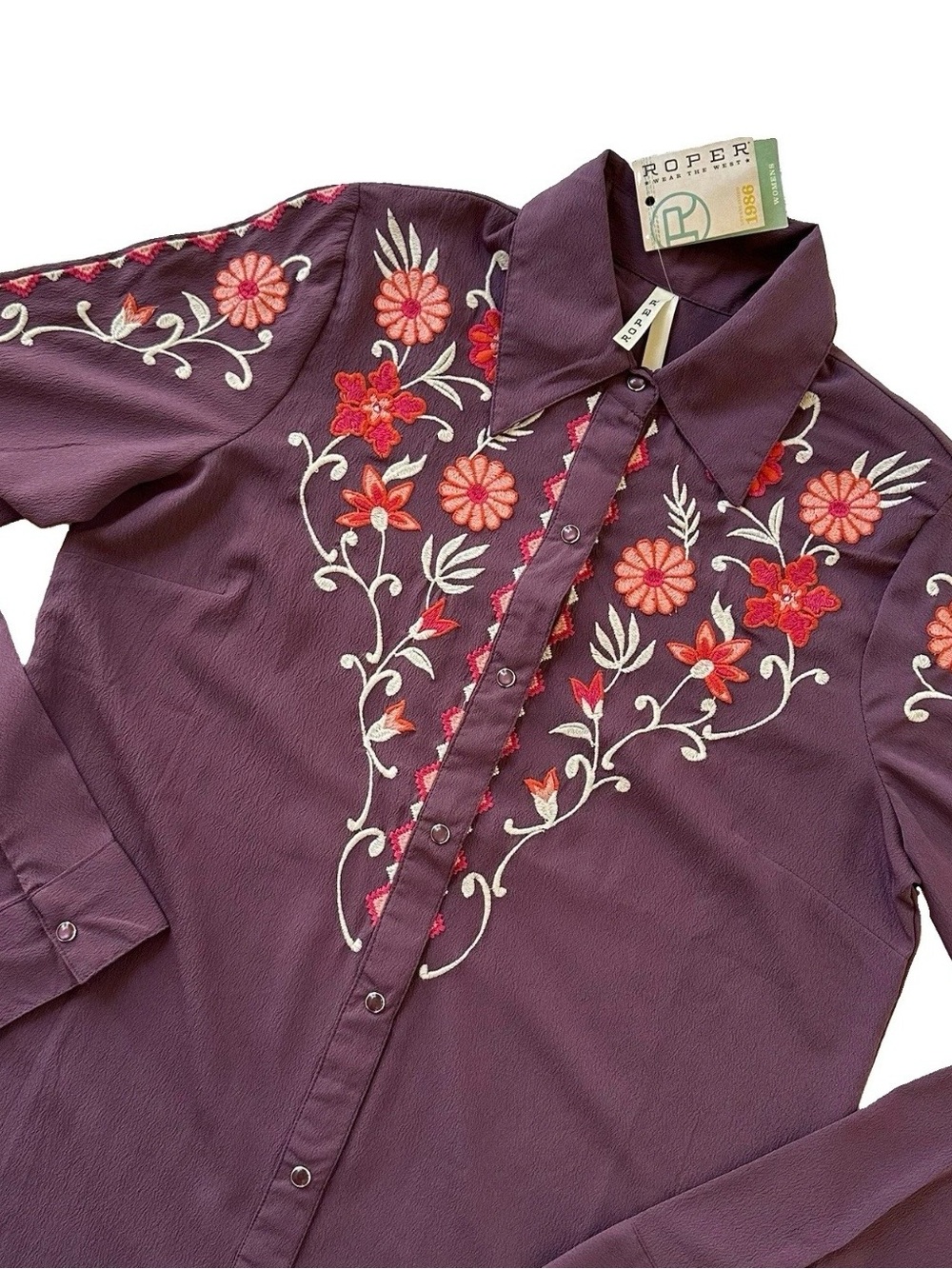 Roper Plum Floral Embroidered Western Snap Blouse Women's M Country NFR Rodeo